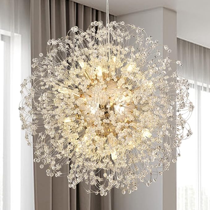 Modern Crystal Chandelier, Sputnik Dandelion High Ceiling Hanging Lamp, Large Beaded Gold Pendant Light for Living Room Dining Room Kitchen Island Bedroom (Gold 16Lights)