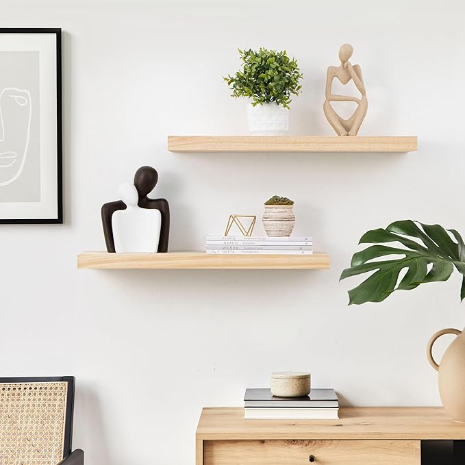 Fun Memories Farmhouse Floating Shelves - 8 Inch Deep Rustic Wood Wall Shelf - Premium Solid Pine Wood Storage Shelf for Kitchen Living Room Bedroom - 24" W x 8" D - Set of 2 - No Stain - Unfinished
