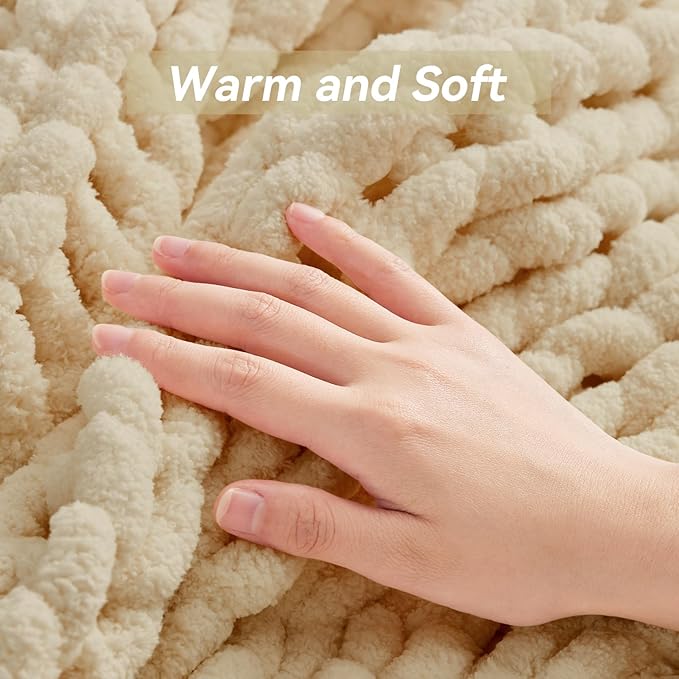 Chunky Knit Throw Blanket, 30''*40'' Knitted Throw Chenille Yarn for Bed Couch, Handmade Oatmeal Crochet Big Thick Blanket, Machine Washable Cute Comfy Blanket for Home Decor