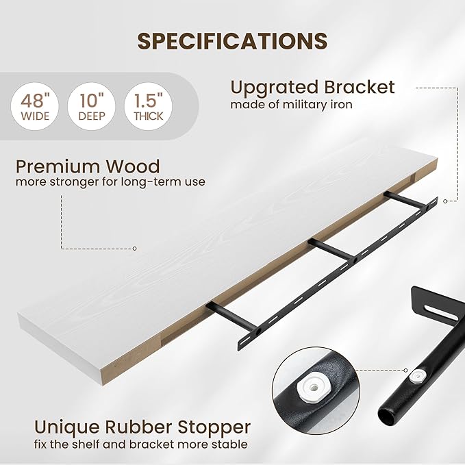 Fun Memories 10 Inch Deep Shelves, Floating Shelves for Wall 48 Inches Long, Wood Floating Shelves for Wall, Large Storage Shelves Wall Mount for Living Room Bedroom, White, Set of 1