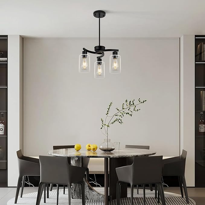 3 Light Modern Dining Chandeliers Over Table，Black Light Fixture for Dining Room，Farmhouse Chandelier with Glass Shade，Industrial Pendant Lighting for Kitchen Island，Foyer,Hallway, Bedroom