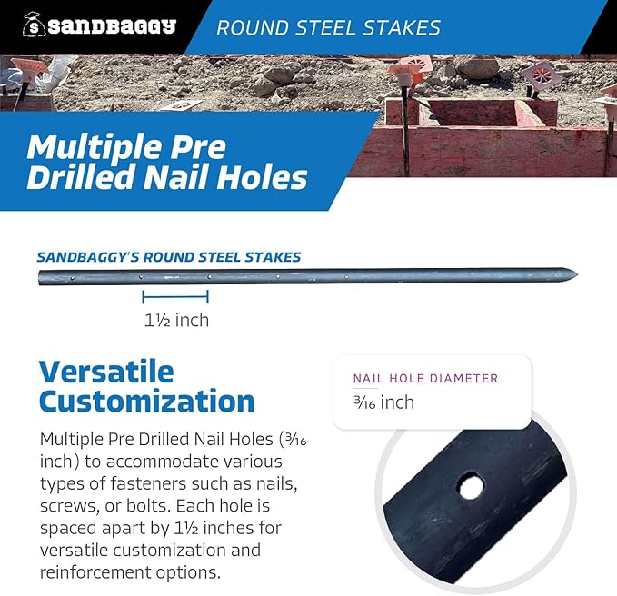 Sandbaggy Round Steel Concrete Form Stakes with Nail Holes - Rust Resistant Coating - Removable, Reusable (10, 3/4 in X 24 in)