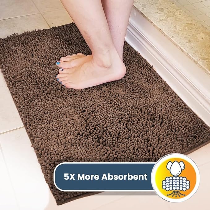 Muddy Mat® 4-Piece Brown Medium 30"X19" AS-SEEN-ON-TV Highly Absorbent Microfiber Door Mat, Bath Mat and Pet Rug, Non Slip Thick Washable Soft Chenille for Kitchen Bathroom Bedroom Indoor and Outdoor