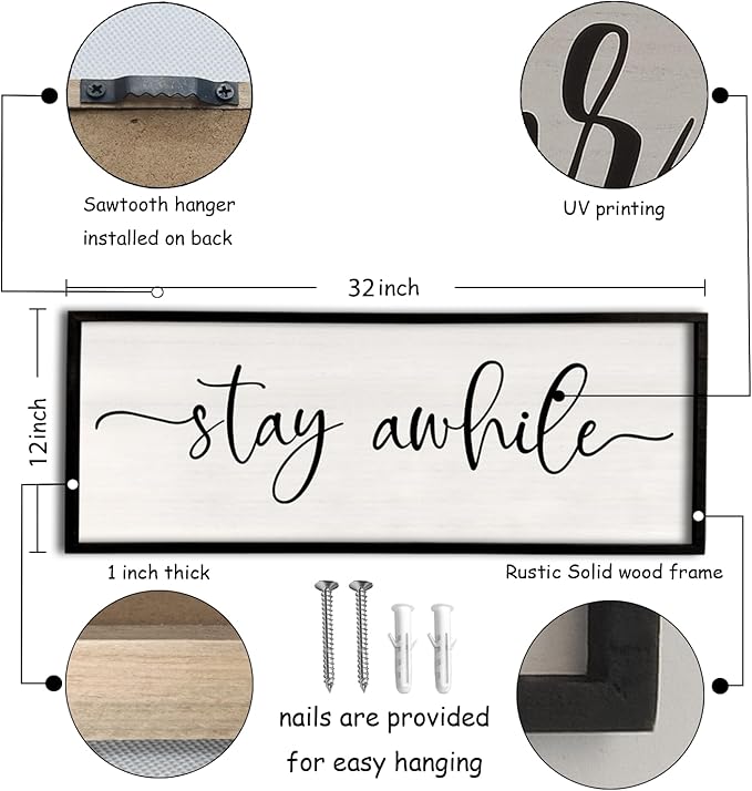 Stay Awhile Sign Wall Decor 32"X12" Large Solid Wood Frame For Hallway Living Room Entryway Farmhouse Wall Art Lets Stay Family Home Rustic Hanging Decoration (Black)