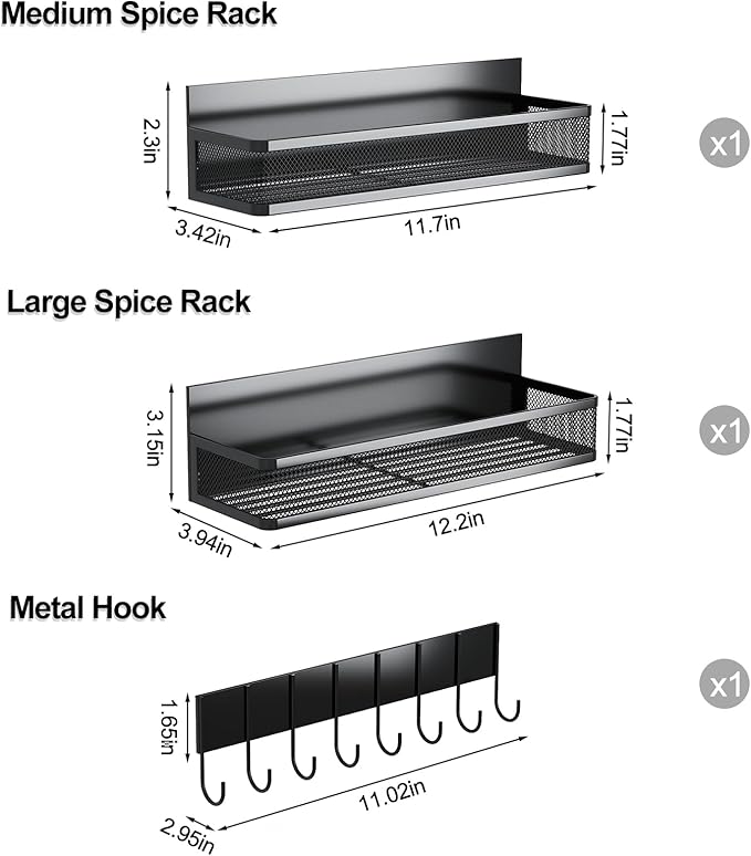 Magnetic Spice Rack for Refrigerator, 3 Pack Magnetic Shelf, Moveable Fridge Organizer with 8-Hook Rack, Seasoning Organizer for Kitchen