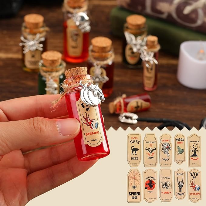 Newtay 53 Pcs Halloween Mini Potion Bottles Set Including 12 Decorative Glass Bottles with Cork Stoppers 20 Creepy Apothecary Bottle Labels Stickers 20 Charms Pendants 1 String (5/6/7/12 ML,Stylish)