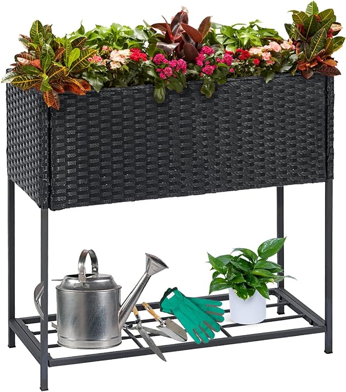 SUNNYPARK Tall Planters for Outdoor Plants Rattan Modern Elevated Planter Box with Removable Liners Indoor Outdoor Porch Patio Flower Pot (27.5’’ x 12’’ x 27.5’’)