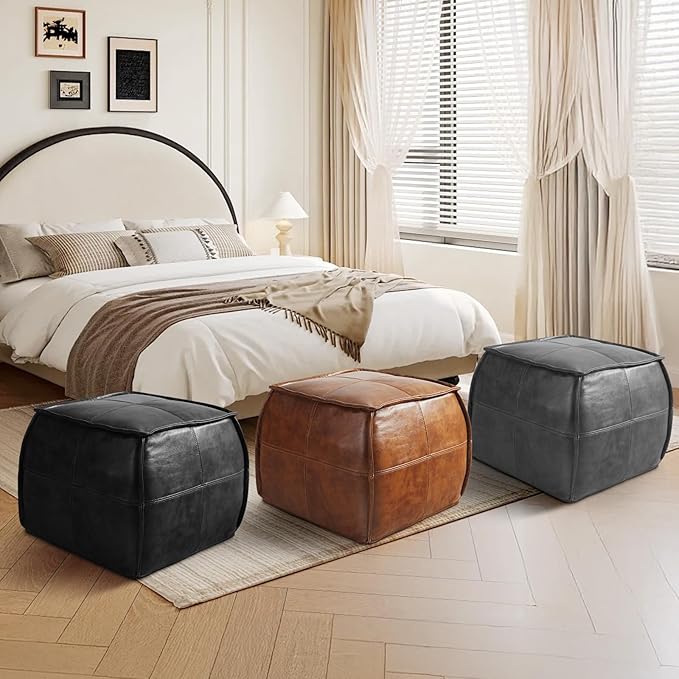Leather Ottoman,Handmade Stuffed Square Ottoman,Genuine Leather Pouf, Foot Rest Pouf,Comfortable Soft Seating for Living Room & Bedroom (Black, Square)