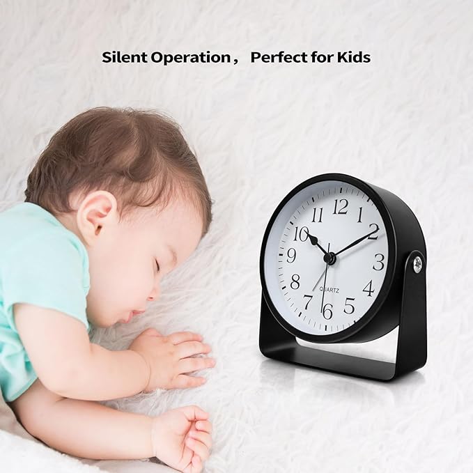 Small Desk Analog Alarm Clock Battery Powered Mini Metal Nightstand Shelf Clock with Light Side Table Decor Mid Century Cute Alarm Clock for Heavy Sleepers Bedrooms Desktop Living Room Bathroom