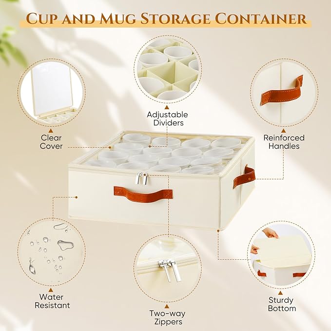 2 Pack Cup and Mug Storage Box with Dividers and Hard Shell, Stackable Coffee Cup Storage Organizer with Lid, Zipper, and Handles for Coffee Mugs, Cups, Glasses, Stemware Storage Containers for Moving
