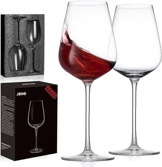 JBHO Hand Blown Italian Style Crystal Bordeaux Wine Glasses - Great Gift Packaging - Red Wine Glasses Lead-Free Premium Crystal Clear Glass - Set of 2-18 Ounce