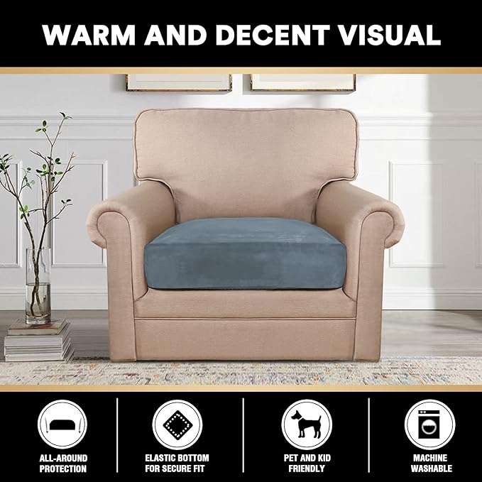 PrinceDeco Stretch Velvet Couch Cushion Cover,Soft Cushion Slipcover for Chair Cushion Fitted Sofa Cover Furniture Protector for Sectional Cushion Cover (Width Up to 29.5", Stone Blue)