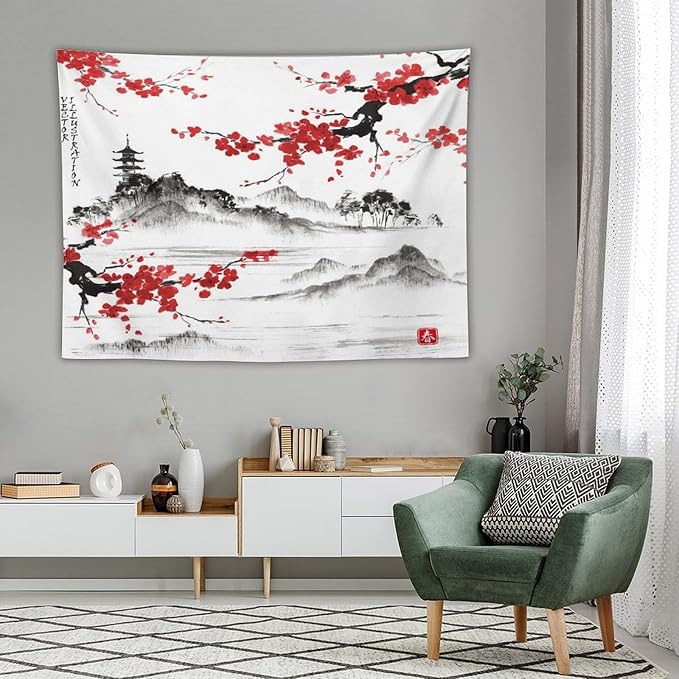 Cherry Blossoms Tapestry, Japanese Fuji Mountain Tapestry, Asian Japanese Wall Tapestry, Nature Landscape Tapestries for Bedroom Living Room Decor 80"x60"