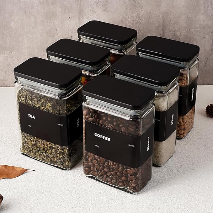 27 oz Glass Storage Jars with Bamboo Lid, set of 6, glass canisters with airtight lids, Clear jars with lids for Cookie, Candy, Tea, Coffee Bean and Rice, Black
