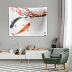 Japanese Koi Fish Tapestry, Cherry Blossoms Asian Oriental Flower Branch Koi Fish Carp Tapestries Wall Hanging for Bedroom Living Room Office Decor 40"x30"