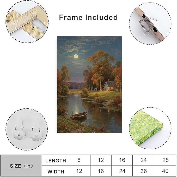 Small house by the stream under the moonlight tranquil style suitable for living room bedroom and office landscape poster wall art