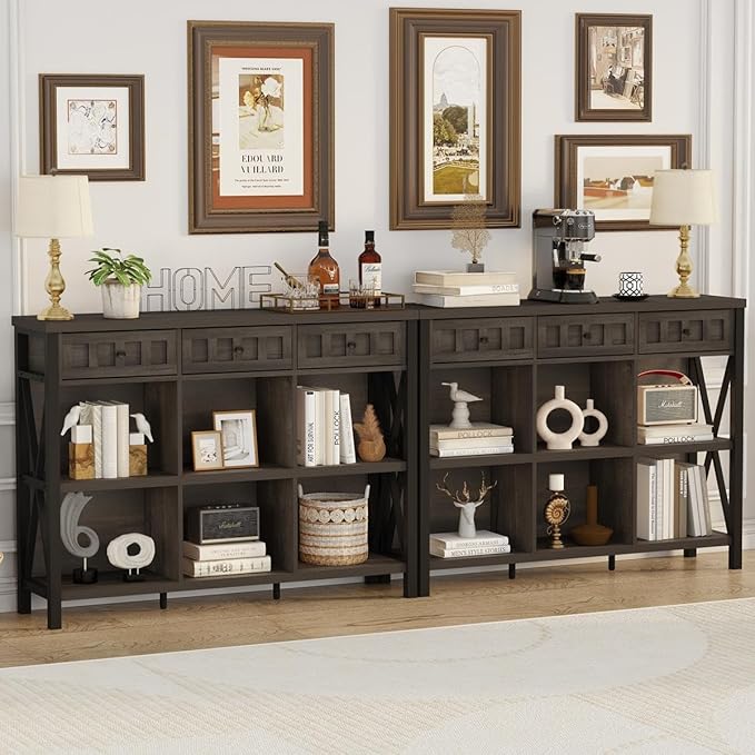 FATORRI Rustic 6 Cube Storage Organizer Bookshelf with 3 Drawers, Short Low Horizontal Bookshelf for Living Room, Industrial Wood and Metal Cubby Bookcase for Home Office (Walnut Brown, 47 Inch)