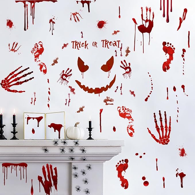 Scary Halloween Decorations Bloody Handprint Footprint Stickers Clings Decals Window Bathroom Floor Restroom，Horror Party Decor Halloween Indoor/Outdoor Decoration