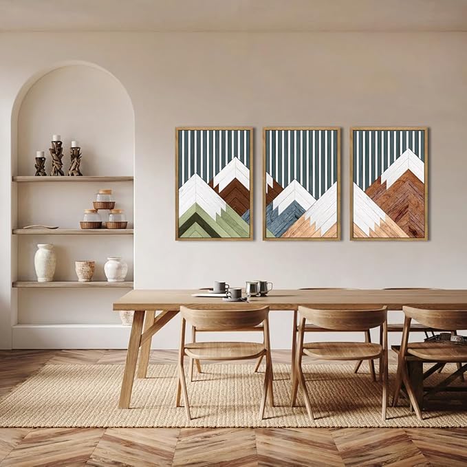 DRACIT Large Woodcut Mountain Wall Art Set Abstract Boho Forest Wood Wall Decor Nature Blue Art Decor Modern Geometric Wooden Wall Sculptures for Living Room Bedroom Office-16x24Inchx3