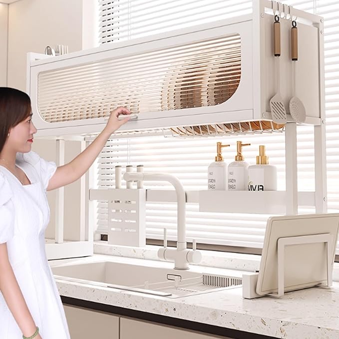 Home Furnishing Dish Rack Over Sink Stainless Steel Over The Sink Dish Drainer Drying Rack Space Kitchen Sink Rack Multifunctional countertop Dish Storage Rack Sink(White,65cm/25.6in)