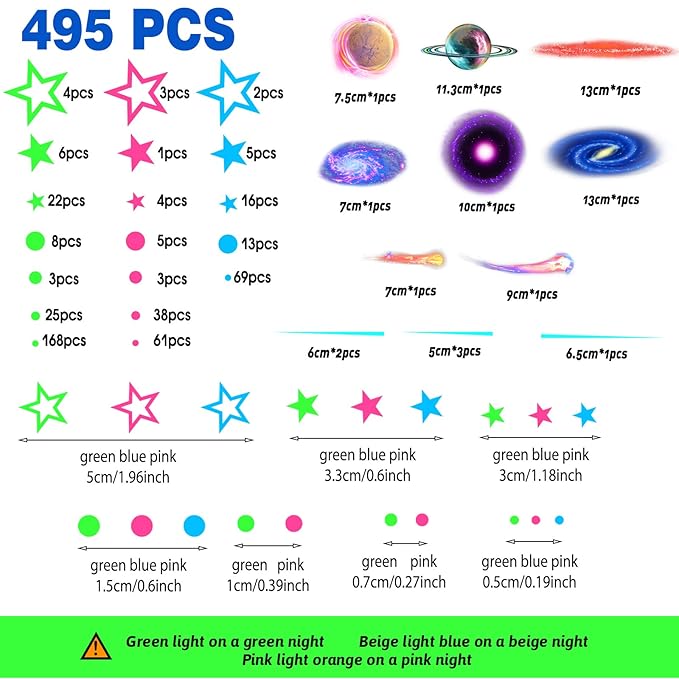 Spakon 495 Pcs Glow in The Dark Moons and Stars Wall Decals for Ceiling,Glowing Planets Wall Stickers Removable Galaxy Solar System Space Decal Nursery Stickers for Kids Bedroom Living Room Decor