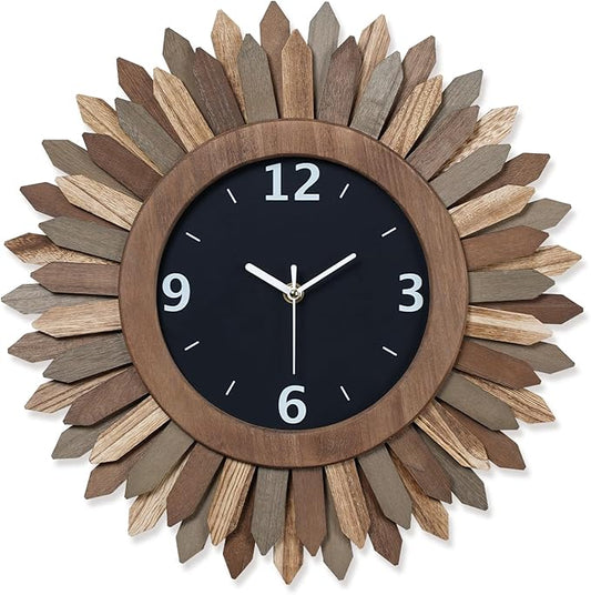 Honiway 16 Inch Wall Clocks, Rustic Wood Boho Sunburst Decorative Wall Clock Battery Operated Silent Non Ticking Farmhouse Large Wall Clocks for Living Room Kitchen Bedroom Home Decor (Tricolor)