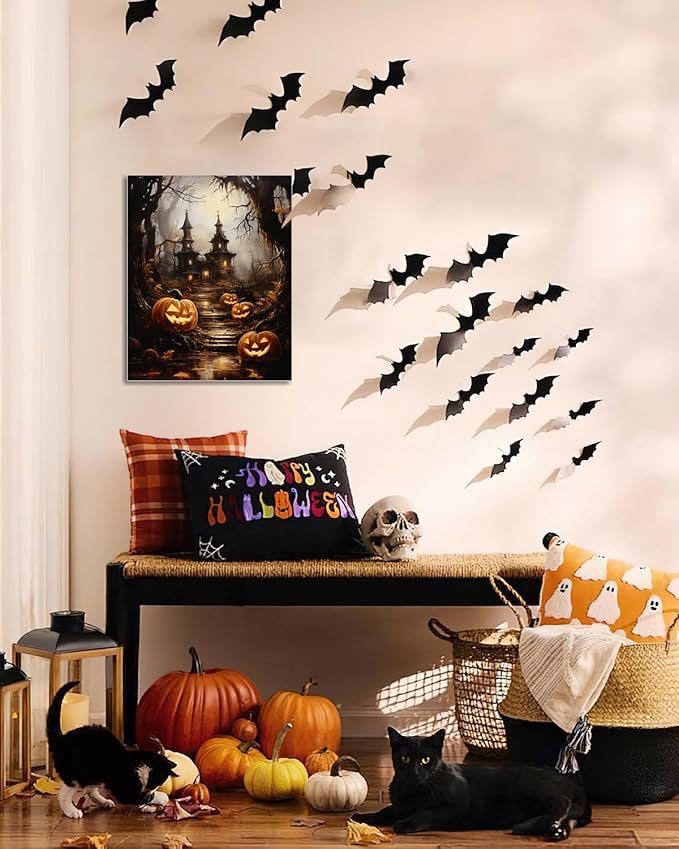 AbcCustomize Halloween Canvas Wall Art - Spooky Haunted House & Eerie Pumpkins Poster, Gothic Fall Decorations for Home, Vintage Halloween Decor Indoor for Living Room, Bedroom & Party