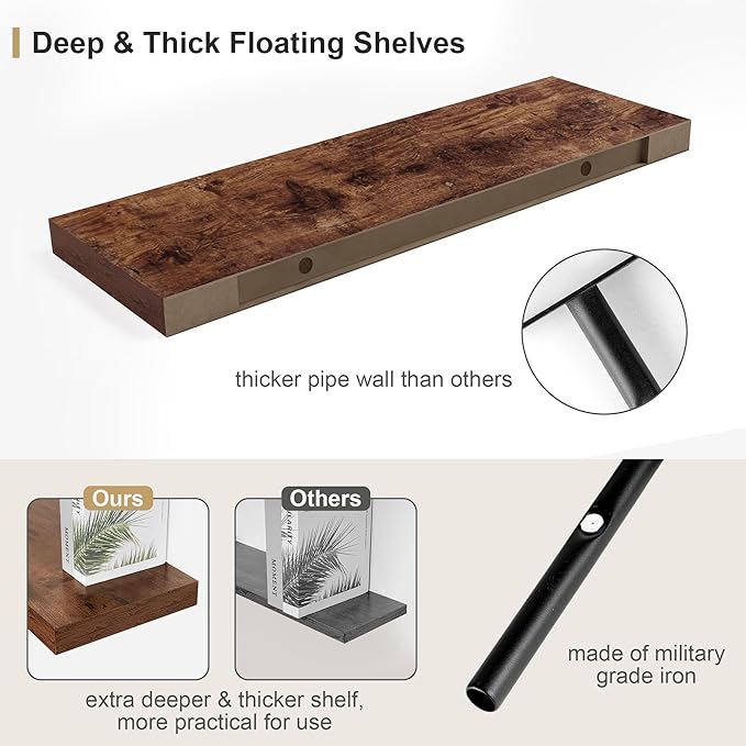 Heimlove Rustic Brown Bathroom Shelves Floating Shelves for Wall Shelf Over Toilet Long Wall Mounted Modern Farmhouse,48 x 12 Shelves with Invisible Brackets for Living Room, Kitchen, Bedroom