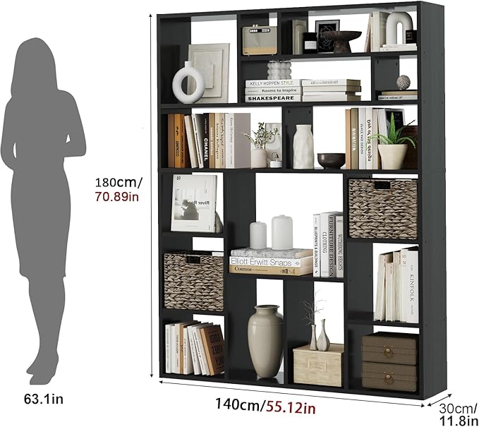 71” Tall Open Black Bookcase with Baskets, Free-Standing 6-Tier Wooden Display Storage Bookshelves with 16 Irregular Cubes for Living Room, Home Decor