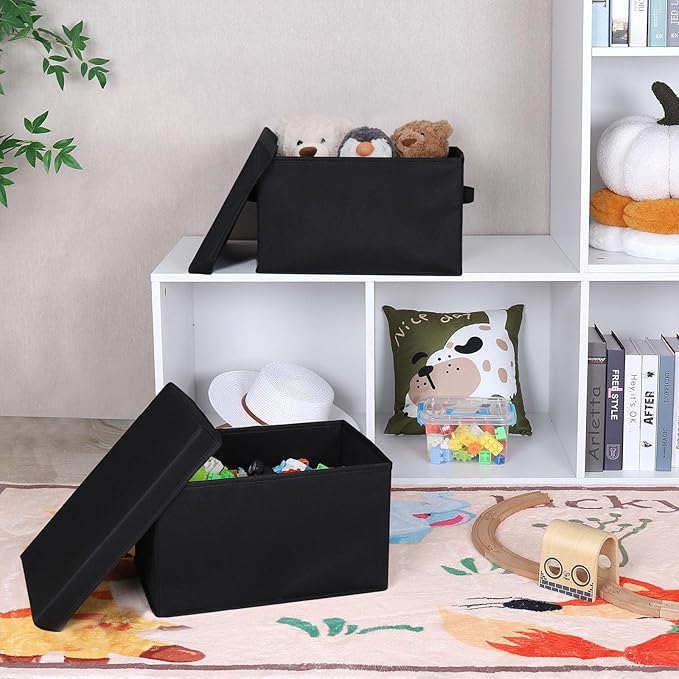 WUIKE 3 Pack Large Fabric Storage Bins with Lids, Decorative Storage Boxes with Handles, Storage Baskets for Shelves, Foldable Storage Containers, Closet Organizers for Towels, Clothes, Black