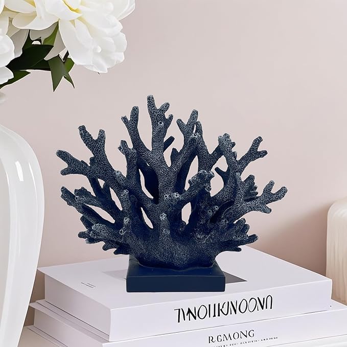 5.8" H Dark Blue Coral Decor - Resin Coral Statue, Nautical Decor for Home, Bedroom, Bathroom, Living Room, Ocean Themed Cabinet Shelf Tabletop Decoration