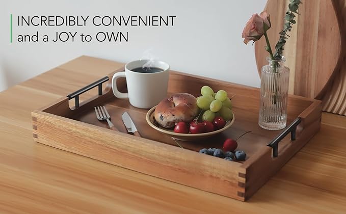 Joy&Grace Ottoman Tray for Living Room 16.7 x 12.8 inch Large Acacia Wooden Serving Tray with Handles for Coffee Table, Breakfast in Bed, Food Dinner, Decorative Rectangular Tray (Color Natural)
