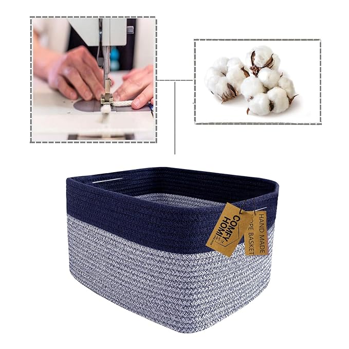 COMFY-HOMI Rectangular Cotton Rope Basket With Handles for Shelves|Dog Toy|Baby Gift - Dark Blue (13.5" x 11" x 9.5")
