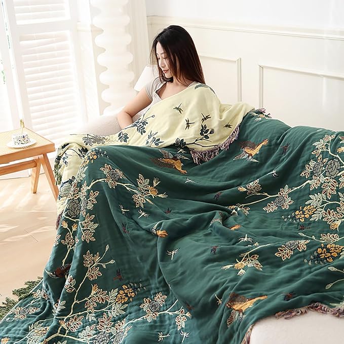 Boho Muslin Blanket for Adults 4-Layer Gauze Twin Size Soft Cozy 100% Cotton Summer Cooling Blanket Floral Decor for Sofa Bed Coverlet Both Sides (Tassels Birds and Floral, 80 x 90 in)