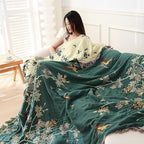 Boho Muslin Blanket for Adults 4-Layer Gauze Twin Size Soft Cozy 100% Cotton Summer Cooling Blanket Floral Decor for Sofa Bed Coverlet Both Sides (Tassels Birds and Floral, 80 x 90 in)