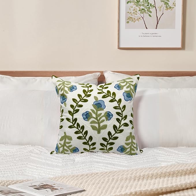 Alysheer Floral Embroidered Summer Decorative Throw Pillow Cover 18"x 18", Farmhouse Cottage Blue Flowers Green Leaves Knit Pattern Cotton Canvas Cushion Case for Sofa Couch Bed Living Room Decor