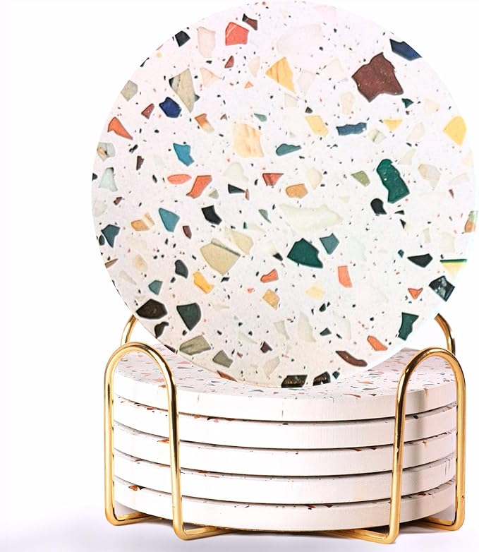 Terrazzo Drink Absorbent Coasters with Holder Set of 6, Ceramic Coaster for Drinks, Coffee Table Decor, Water Absorbing Stone Coaster for Drinks (Mosaic)