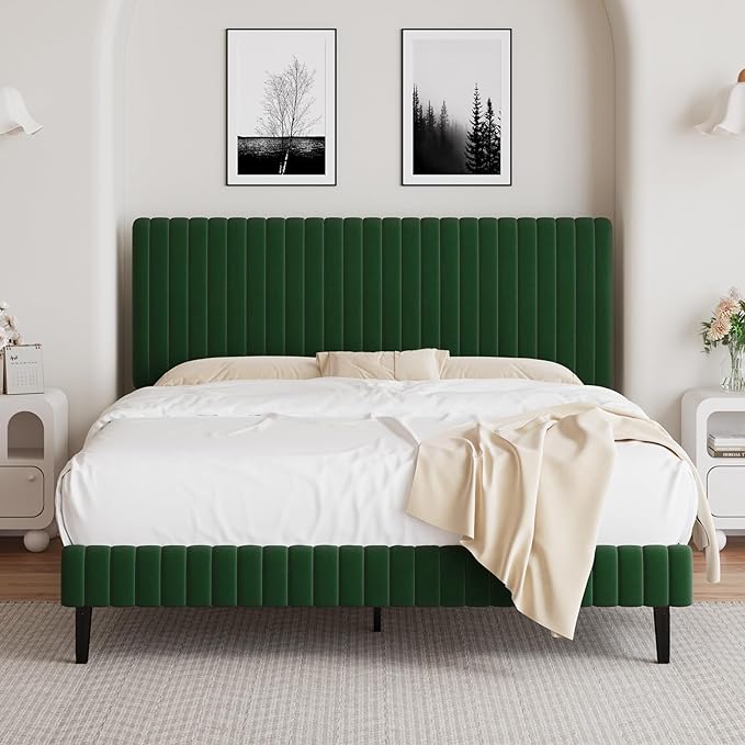 Queen Size Bed Frame, Velvet Upholstered Platform Bed with Vertical Channel Tufted Headboard and Footboard, No Box Spring Required, Easy Assembly, Green