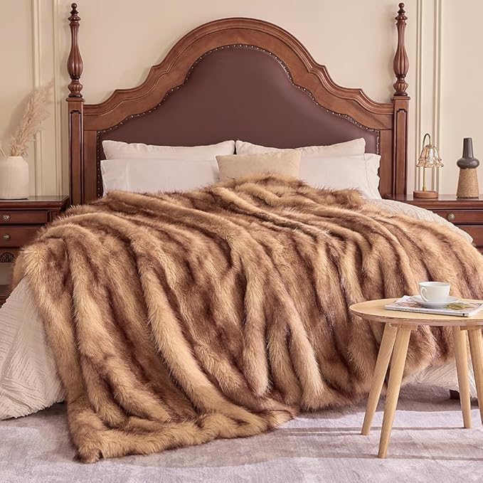 Fluffy Faux Fur Throw Blanket – Super Soft Warm Thick Plush Blanket for Bed, Couch & Office, Cozy Fuzzy Throw with Flannel Backing,90"x90", Brown