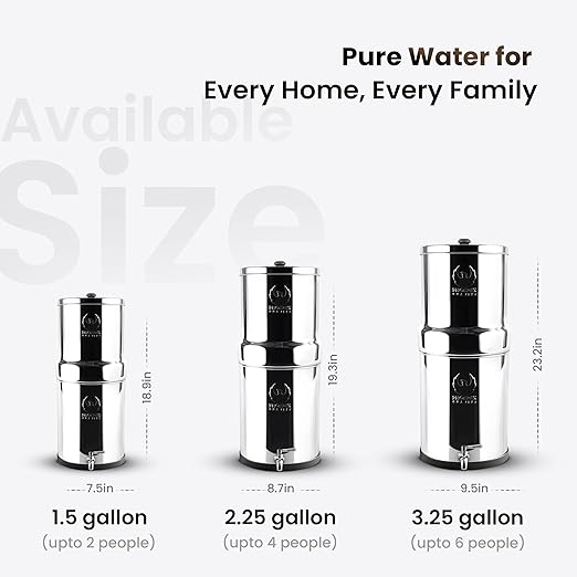 Gravity Water Filter System - 3.25 Gallons - NSF Certified - AISI 304 Stainless Steel Countertop Water Filter System with 2 Smart (Black) Carbon Filter Elements & Free Stainless Steel Water Spigot