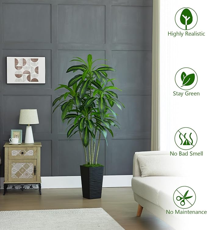Artificial Dracaena Tree Artificial Silk Tree Faux Tree with White Tall Planter Fake Tropical Yucca Floor Plant (1, White Tall Planter, 5 FT)