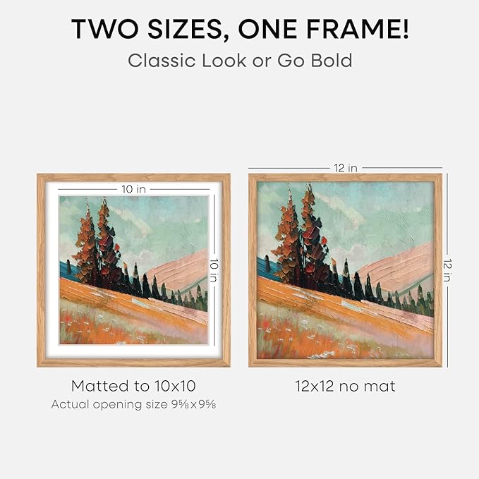 Homeforia 12x12 Light Wood Frame, High End Natural Oak 12 x 12 Square Picture Frames with Mat 10 by 10 inch Photo, 12by12 Wooden Poster Frames Matted to 10x10 Print, Tempered Glass, Wall Kit, Set of 1