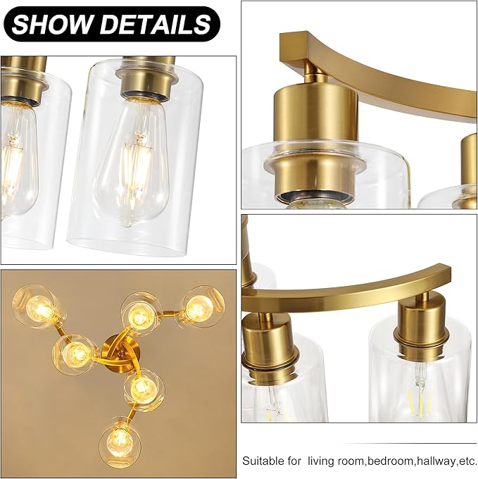 6-Light Gold Chandeliers for Dining Room, Modern Kitchen Island Light Fixtures Over Table, Metal Hanging Pendant Lighting for Living Room Stairwell Entryway Bedroom, Clear Glass Shade