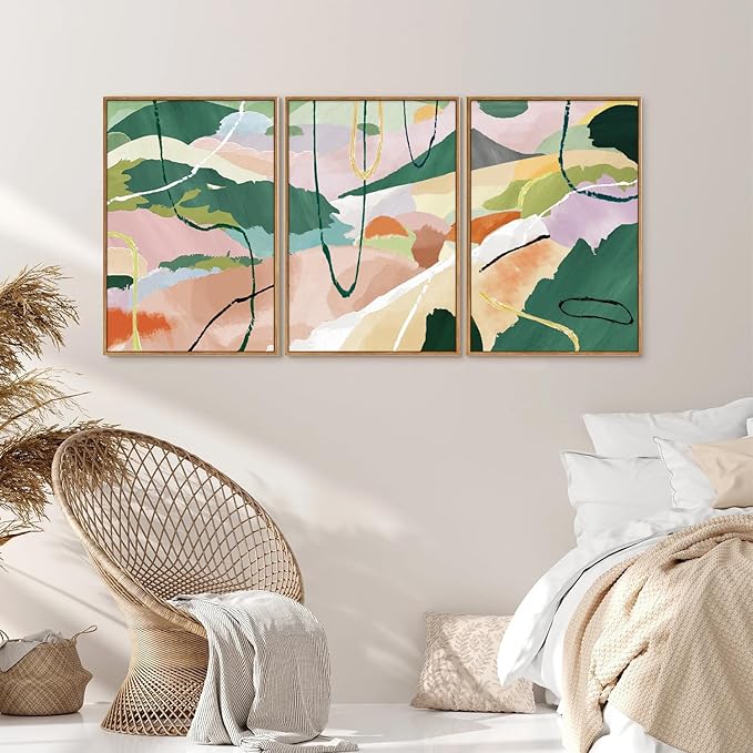Tinonedraw Colorful Abstract Framed Canvas Wall Art Set of 3, Green and Pink Oils Inks Artwork, Neutral Modern Minimalist Wall Decor for Living Room, Bedroom, Office 16"x24"
