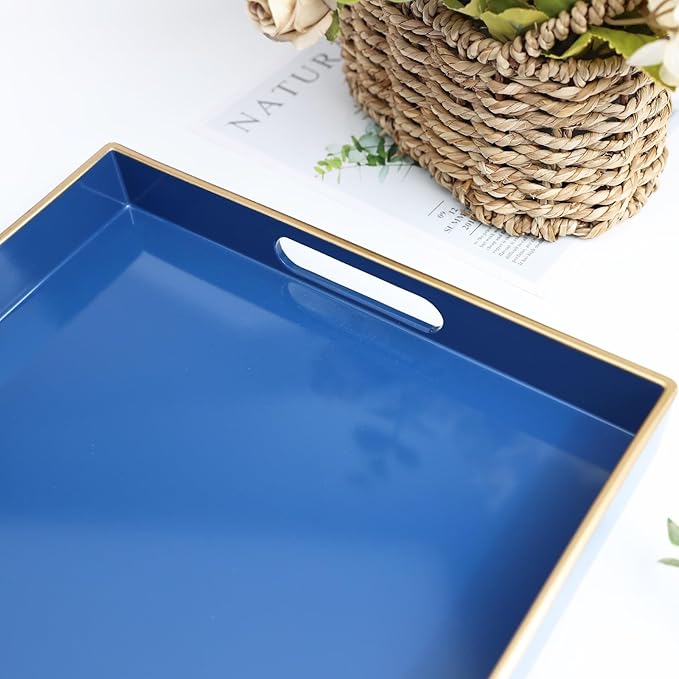Spsyrine Blue Decorative Serving Tray with Handles, Elegant Plastic Coffee Table Tray for Ottoman, Living Room, Home Decor 15.6" X 10.2"