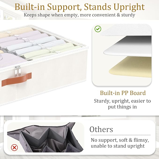 Yawinhe Under Bed Storage, 2 Pack Closet Organizers, Collapsible Container Bags, with Sorting Card Slot and 4 Leather Handles, for Blanket, Bedding, 23.6''Lx11.8''Wx6''H, Beige