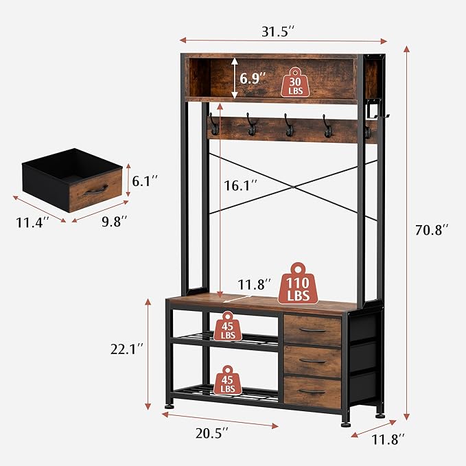 Lulive Hall Tree with Bench and Shoe Storage, 31.5" Coat Rack Freestanding with 2-Tier Storage Shelf, 6-in-1 Entryway Bench Coat Rack with 12 Hooks and 3 Drawers(Rustic Brown)