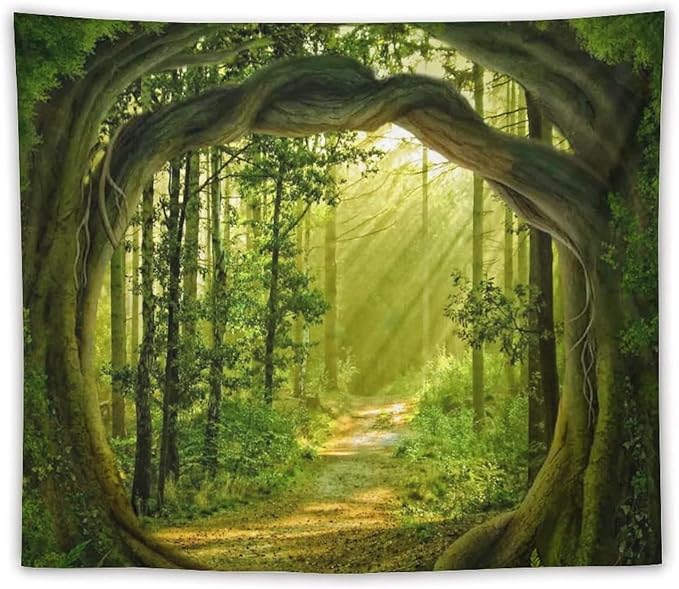 FENDROM Enchanted Forest Tapestry Nature Sunshine Lanscape Green Tree Cave Tapestries Wall Hanging For Living Room Bedroom Home Decorations