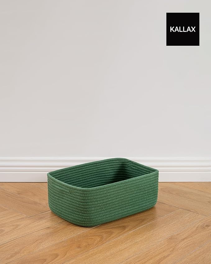 Small Woven Basket, 13.5 x 9.5 x 5 Inches, Storage Basket for Organizing, Cute Small Rope Shelf Closet Cube Storage Bins Baskets for Shelves, Dog Toy Gift Baskets Empty, 3 Pack, Green