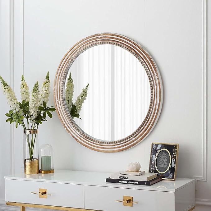 24 Inch Rustic Round Mirror - Farmhouse Vintage Bathroom Vanity Mirror, Wall-Mounted Round Mirrors for Bathroom Sink, Bedroom & Living Room and Framed Decorative Restroom Mirror